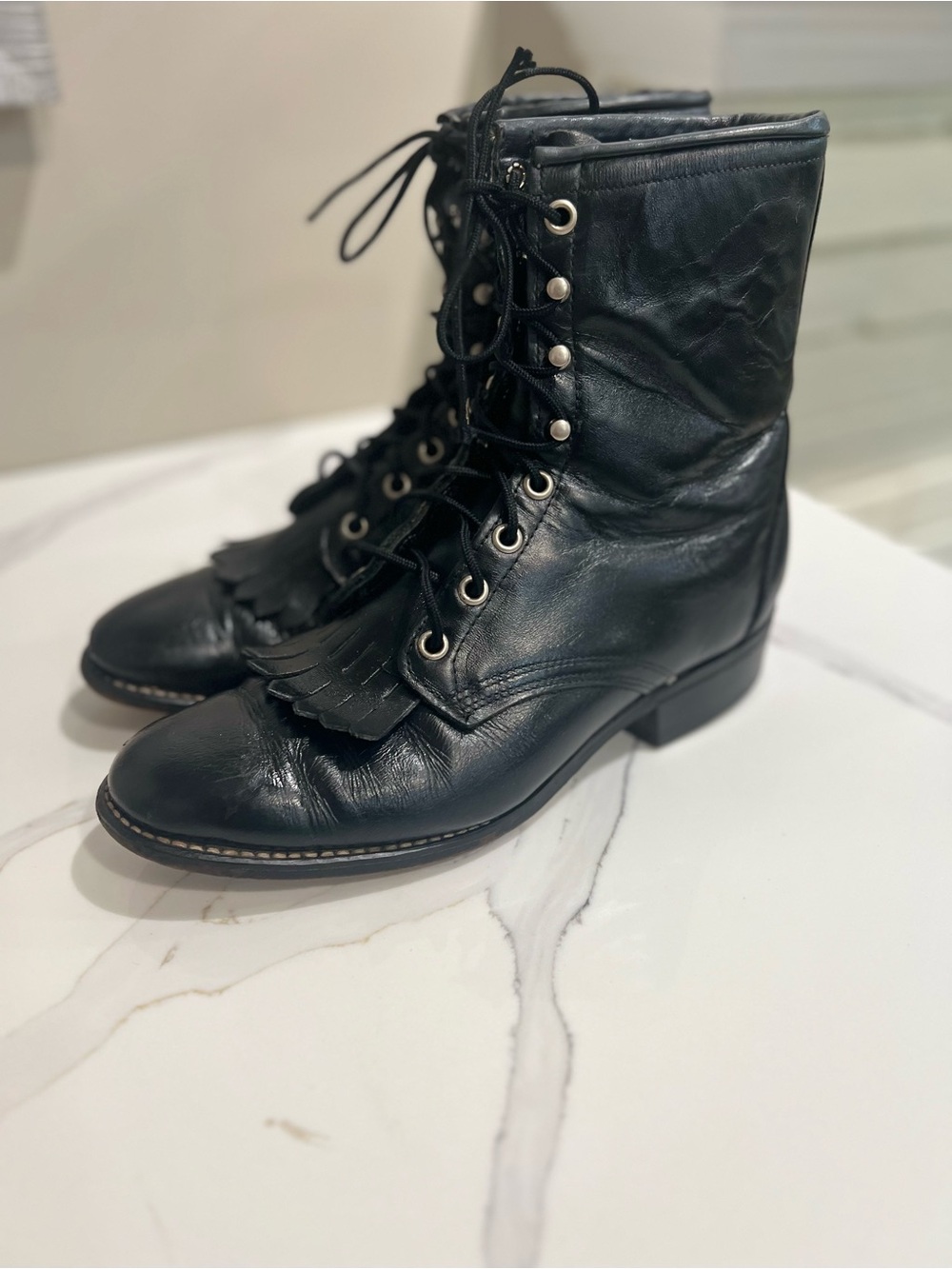 Vintage Laredo USA Black Leather Kiltie Lace-Up Western Roper Boots Women's 8.5M